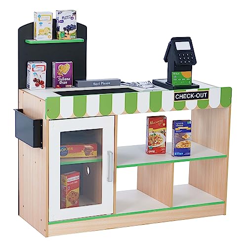 Teamson Kids Cashier Austin Interactive Wooden Play Market Stand with Lights and Sounds, Manual Conveyor Belt, Register and Display Spaces, Green and White Décor on Natural Wood | Manual Conveyor Belt, Scanner, Display Shelves, Green and Natural, Educatio