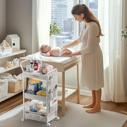 BBLIKE 3-Tier Diaper Caddy Organizer - Rolling Utility Baby Cart with Drawer and Side Pockets for Nursery and Baby Essentials, Multi-Function Cart for Bedroom and Bathroom, White - style: Drawer-White