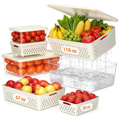 Fruit Storage Containers for Fridge, 4 Pack Plastic Food Storage Container | Fruit Containers Set with Removable Colander, Produce Saver Keep Berry Fruits Vegetables Meet Fresh Longer, Dishwasher Safe