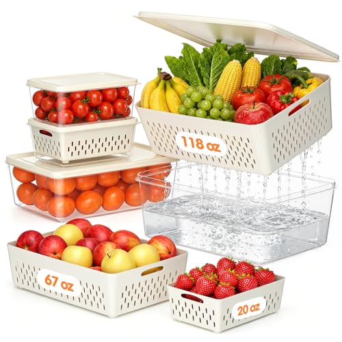 Fruit Storage Containers for Fridge, 4 Pack Plastic Food Storage Container | Fruit Containers Set with Removable Colander, Produce Saver Keep Berry Fruits Vegetables Meet Fresh Longer, Dishwasher Safe