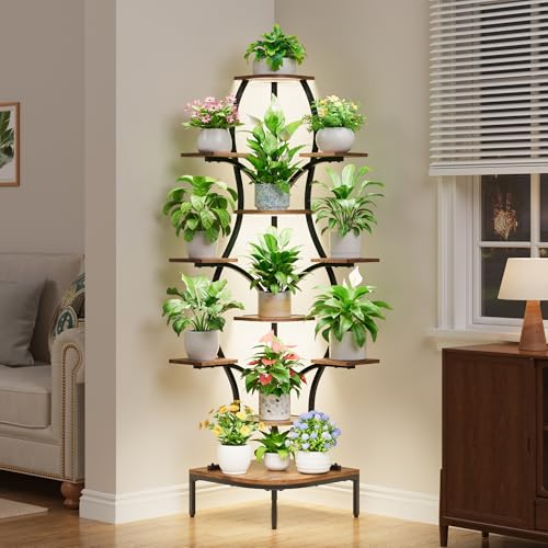LATIBELL 72'' Tall Corner Plant Stand Indoor with Grow Light - 11 Tiered Metal Plant Shelf for Indoor Plants, Curved Display Rack Capable of Holding Large Pots in Living Room, Patio & Balcony, Black