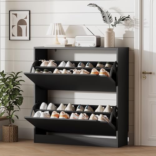 Xixini Shoe Storage Cabinet for Entryway with 2 Flip Drawers, Wood Freestanding Hidden Shoe Storage, Sturdy Narrow Slim Shoe Organizer for Front Door Entrance, Living Room, Hallway, Bedroom, Black - color: Black, size: 2 Drawers without Rack