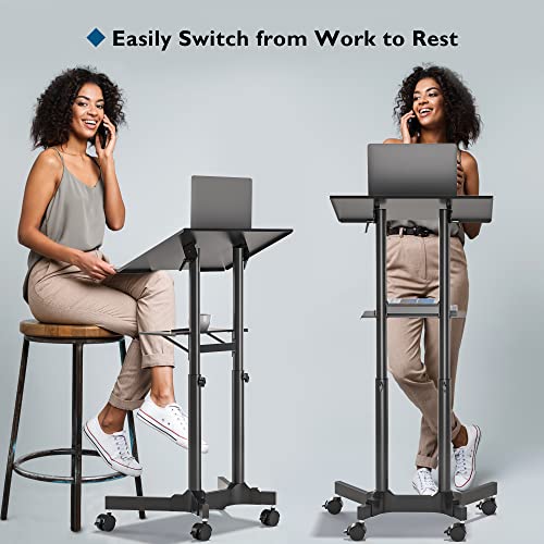 BONTEC Lecterns & Podiums Portable Mobile Standing Laptop Desk, Height Adjustable, Sit Stand, Home Office Classroom Pulpit Stand Up Desk Workstation, Rolling Table Laptop Cart with Storage Tray, White - color: Black