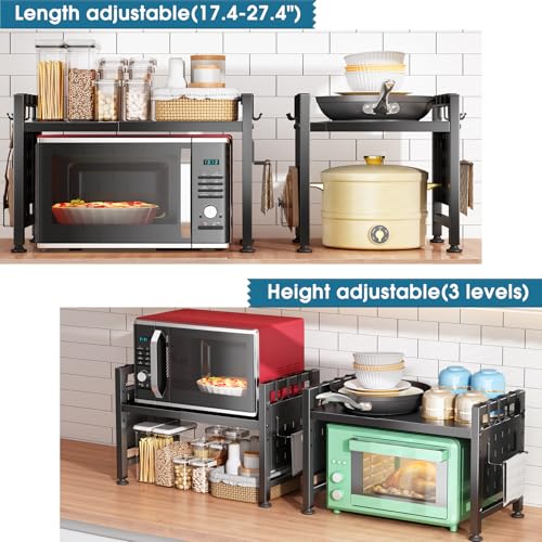 Kitstorack Adjustable Microwave Oven Rack,Microwave Stand Shelf Heavy Duty 2-Tier Shelf with Cutting Boards Stand for Kitchen Shelves Counter Top Organizer, Holds 120lbs,9 Hooks - style: 2 Tier-Black