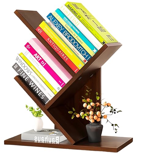 Small Bookshelf,3 Tier Wood Mini BookShelf,Tree Book shelf,Teak color | Desk BookShelf for Office,Nightstand,Home or School Desk Displaying,Tree Bookshelf Gift - color: Teak Color, size: 16"tall | 3-Tier