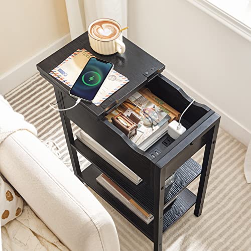 HOOBRO Side Table, Flip End Table with Charging Station and Shelves, USB Ports & Power Outlets, Narrow Nightstand for Small Spaces, Stable and Sturdy, for Living Room, Black BK341BZ01 - color: Black