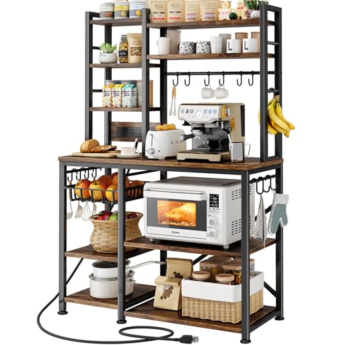 SNTD 6-Tier Bakers Rack with Power Outlets, 36 x 14.6 x 72 in, Rustic Brown | Large Capacity for Small Appliances, Stable Metal Frame with Wood Shelves, Pull-Out Basket, 14 Hooks - color: Rustic Brown