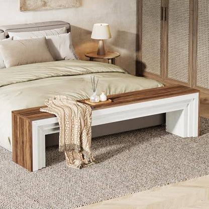 Tribesigns 71" Extra Long Entryway Bench, Farmhouse Bed Bench (Brown&White) | Modern Wooden Shoe Bench Indoor Seating with Layered Design for Hallway, Bedroom, Living Room, Sofa Back, Dining Room - color: Brown & White