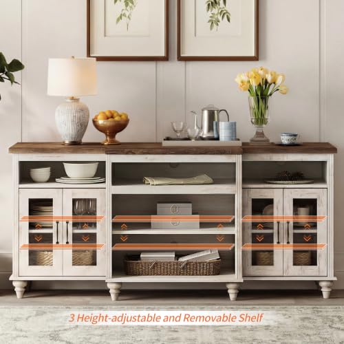 WAMAPT Buffet Cabinet with 4 Glass Doors, Large Coffee Bar Tables Wood Kitchen Storage Cabinets with 9 Storages, Modern Farmhouse Sideboard Credenza, Rustic White, 70 inch - color: Rustic White