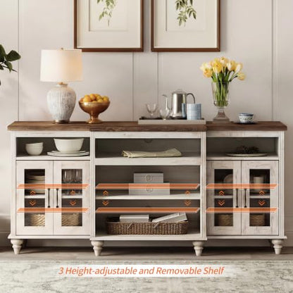 WAMAPT Buffet Cabinet with 4 Glass Doors, Large Coffee Bar Tables Wood Kitchen Storage Cabinets with 9 Storages, Modern Farmhouse Sideboard Credenza, Rustic White, 70 inch - color: Rustic White