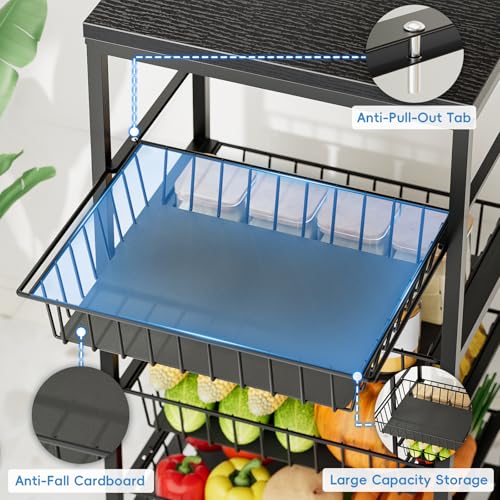 Snack Cart, 5-Tier Kitchen Carts on Wheels with Storage,Fruit Basket Stand with Pull-Out Baskets and Wood Top,Kitchen Organizer for Fruit Vegetable Snack (Black) - color: Black