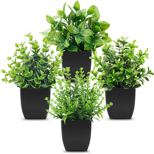 Der Rose 4 Pack Black Bathroom Decor Small Fake Plants, Halloween Decor | Realistic faux plants, gothic black accent style, for shelf desk office farmhouse table and Halloween fall home decor - color: Black