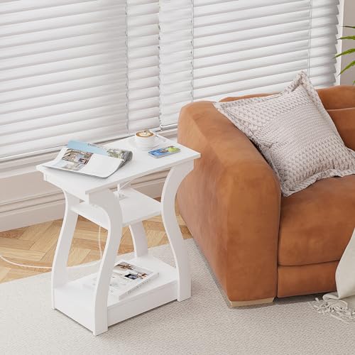 FROMJBEST End Tables Living Room Set of 2,End White Table with Charging Station, Side Table, Nightstand for Bedroom, 3 Tier End Table with Storage Shelf for Living Room White - color: White01