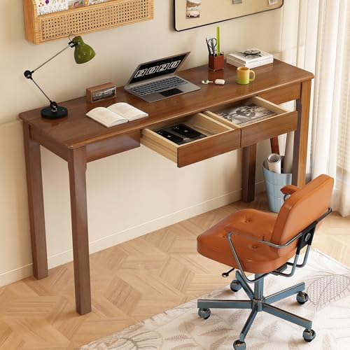 100% Solid Wood Desk with Drawers, 47 Inch Wooden Desk | Mid Century Modern Desk, Vintage Writing Desks for Home, Office, Bedroom, Living Room - color: Walnut, size: 47.2" x 15.7"