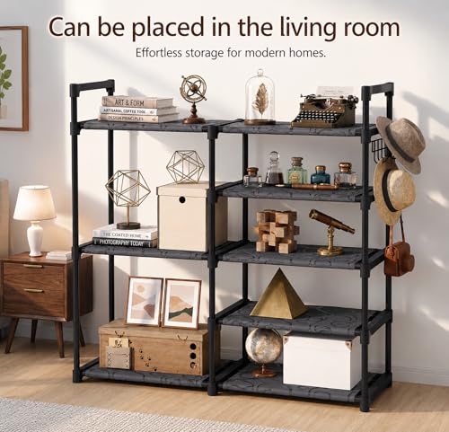 5 Tier Shoe Rack Black Tubes Shoe Rack with Oxford Fabric Lightweight Shoes Storage with Hooks Sturdy Vertical Shoe Rack Keep Dirt from Falling for Closet Entryway Garage-Easy to Assemble