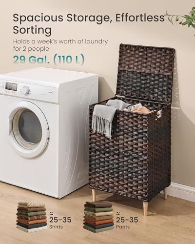 SONGMICS 2-Section Laundry Hamper with Lid, 29 Gal (110L) PE Rattan Laundry Basket with Removable Washable Liners, for Bedroom & Living Room, Chestnut Brown ULCB222ME01 - color: Chestnut Brown, size: 110 L (2 Basket)