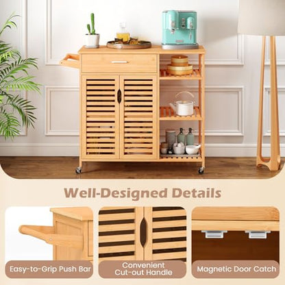 Bamboo Kitchen Island Cart with Storage, Rolling Butcher Block | Large Drawer, 2-Door Cabinet, 3-Tier Open Shelves, Towel Rack, Wheels Included; For Dining Room, Apartment, Small Spaces - size: 41”Lx16”Wx35”H