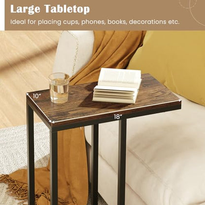 Giantex C Shaped End Table Set of 2, Small Side Tables for Sofa, Couch Table That Slide Under with Metal Frame, Industrial TV Tray Table for Small Spaces, C Table for Living Room Bedroom, Rustic Brown - color: Rustic Brown