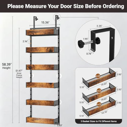 6-Tier Over the Door Pantry Organizer, 2-in-1 Door Hanging or Wall Mounted Spice Rack, Space Saving Metal Storage Shelves with Adjustable Baskets for Kitchen, Closet, Bathroom