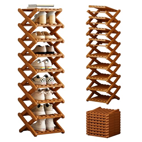 9 Tier Bamboo Shoe Rack, Foldable Narrow Organizer for Closet & Small Space | Space-saving vertical storage with foldable design, slim profile and bamboo build for entryway, apartment, dorm, small home - color: Brown