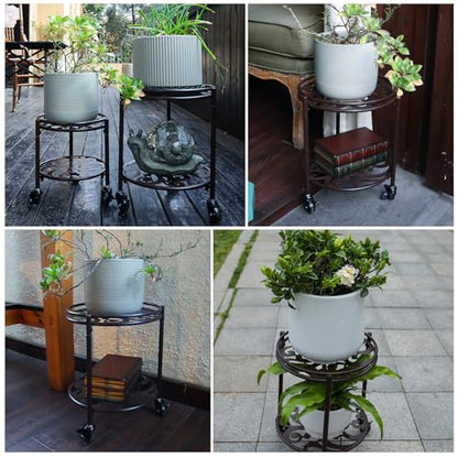 2 Tier Heavy Duty Rolling Plant Stand, 2 Pack Coffee | Indoor & Outdoor,150 lbs Capacity,Easy Move Cart,Balcony, Patio, Garden,Planter with Wheels - color: 2 pack coffee