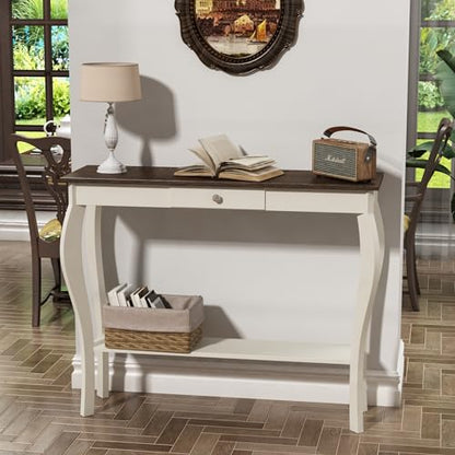 ChooChoo Narrow Farmhouse Console Table with Drawer, Chic Accent Sofa Entryway Table with Shelves for Entryway, Living Room, Hallway, Soft White - color: Soft White, size: 11.8"D x 39.3"W x 31.4"H