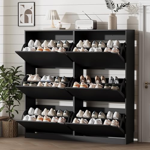 Xixini Shoe Storage Cabinet for Entryway with 6 Flip Drawers, Sturdy Wood Hidden Shoe Storage, Freestanding Narrow Slim Shoe Organizer for Front Door Entrance, Living Room, Hallway, Bedroom, Black - color: Black, size: 6 Drawers without Rack