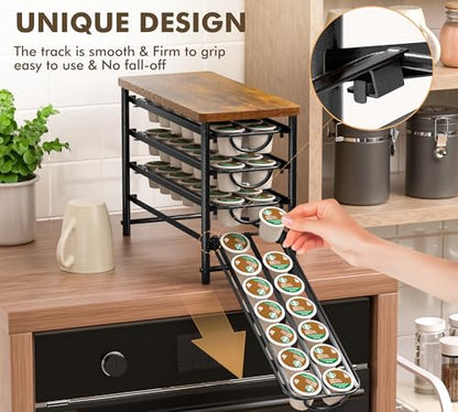 HFHOME Coffee Pod Holder with Wooden Top, Compatible with K-Cups, 4-Tier Coffee Capsule Storage Drawer, 56 Capacity Pods Organizer for Kitchen Counter, Home, Office, Black - color: Black-56 Pod