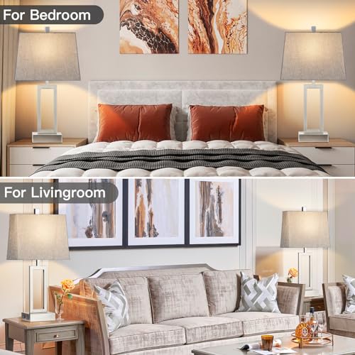 Rinweey 23.5" Touch Control Table Lamps Set of 2, Modern Silver Bedside Lamps with USB A+C Ports & AC Outlet, 3 Way Dimmable Contemporary Nightstand Lamps for Bedroom Living Room(2 LED Bulb Included) - color: Silver