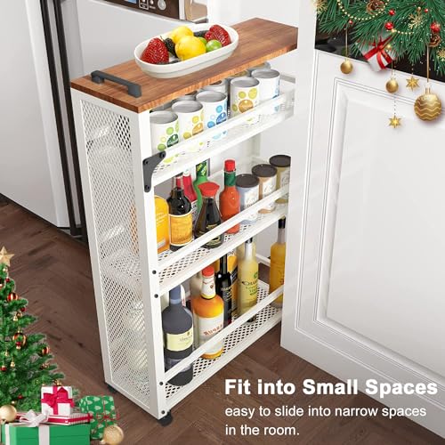 2026 New, Slim Kitchen Storage Cart, 3 Tier Metal Rolling Utility Cart Mesh Basket, Multifunction Wire Basket Shelf Trolley for Home Laundry, Bathroom, Living Room, White - color: White