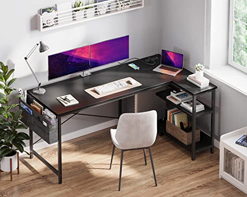 ODK 55 Inch Small L Shaped Computer Desk with Power Outlets, Corner Desk with PC Stand & Reversible Storage Shelves for Small Space Home Office Workstation, Modern Simple Writing Study Table, Black - size: 55 inch