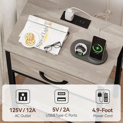 Vagusicc Nightstand with Charging Station, End Table with Fabric Drawer, Small Side Table with 2-Tier Storage Shelves, 25.4" Tall Night Stand, Bedside Table for Bedroom, Living Room, Dorm, Greige - color: Greige (1 Pack)