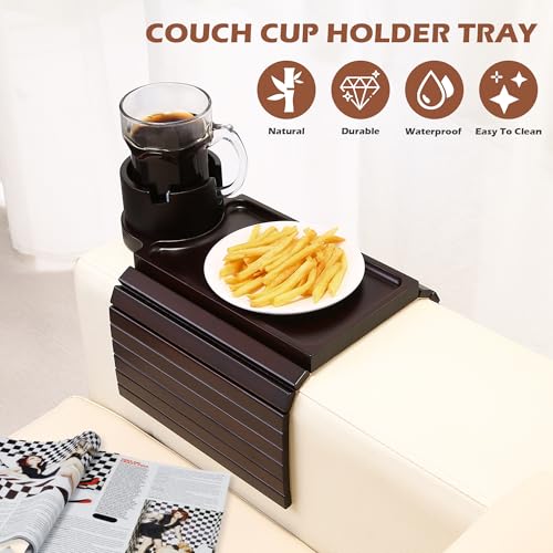 GHKINMAL Couch Cup Holder Tray, 3 in 1 Large Couch Arm Trays,Bamboo Chair Clip on Tray with 360° Ratated Phone Cup Holder for Couch,Snacks,Remote,Phone-Black Walnut - color: Black Walnut