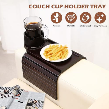 GHKINMAL Couch Cup Holder Tray, 3 in 1 Large Couch Arm Trays,Bamboo Chair Clip on Tray with 360° Ratated Phone Cup Holder for Couch,Snacks,Remote,Phone-Black Walnut - color: Black Walnut