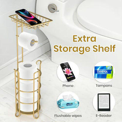 Gold Toilet Paper Holder Stand with Shelf, Freestanding Tissue Roll Holder, Holds 4 Mega Rolls and Extra Storage for Phone, Wipes - color: F-gold