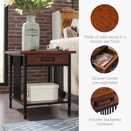 Leick Home Ironcraft End Table, Solid Wood, 1 Storage Drawer, Bottom Display Shelf, Mission Oak, Black Steel Base, Easy Assembly, 22 in W x 24 in H x 24 in D, 11207 - color: Mission Oak
