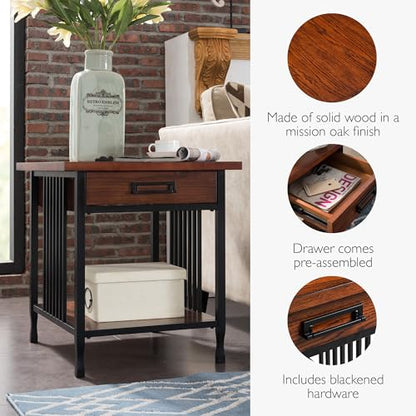 Leick Home Ironcraft End Table, Solid Wood, 1 Storage Drawer, Bottom Display Shelf, Mission Oak, Black Steel Base, Easy Assembly, 22 in W x 24 in H x 24 in D, 11207 - color: Mission Oak