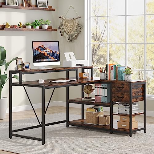 Tribesigns Reversible L Shaped Desk with Drawer, Brown Corner Desk with Storage Shelves and Monitor Stand, Writing Table for for Small Space (Rustic) - color: Rustic