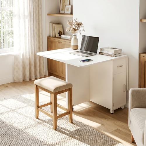 Folding Dining Table with Wheels, Space Saving Drop Leaf Kitchen Table with Storage Cabinet, Expandable Movable Furniture for Small Apartment, White - color: White