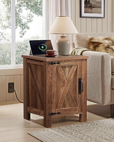 WLIVE Farmhouse Nightstand with Charging Station, Rustic Brown End Table with Barn Door and Adjustable Storage Shelf, 18" Modern Wood Night Stand Bedside Table for Bedroom - color: Rustic Brown