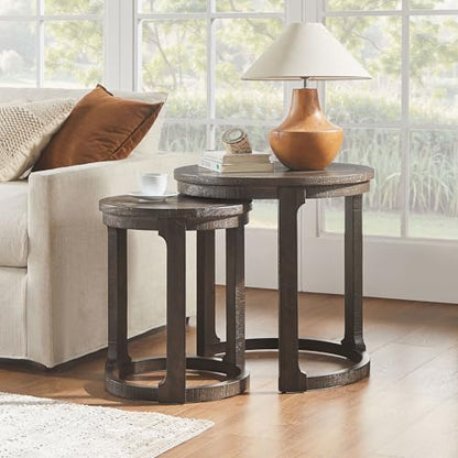 Round End Side Table Set of 2, Handcraft Nesting Table for Living Room, Modern Wood Circle Style, Easy Assembly, Dark Brown - color: S1-2pcs-dark Brown