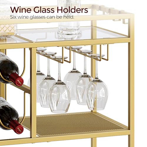 MAHANCRIS Bar Cart for Home, 3-Tier Serving Cart with Wheels and Handle, Beverage Cart with Wine Rack and Glass Holders, Rolling Wine Cart for Kitchen, Dining Room, Gold RCJ61B01 - size: 24.8''L x 11''W x 32''H