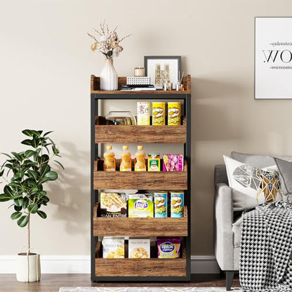 LITTLE TREE 5-Tier Wood Fruit Vegetable Storage Basket Stand, Pull-Out Snack Stand Fruit Basket Stand, Utility Shelf Organizer for Kitchen, Living Room, Bedroom, Rustic Brown