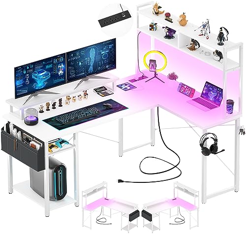 Aheaplus Small L Shaped Desk with Charging Port & LED Strip, Reversible L-Shaped Gaming Desk Computer Desk with Monitor Stand & Storage Shelf, Corner Desks Home Office Desk with Storage Bag, White - color: White