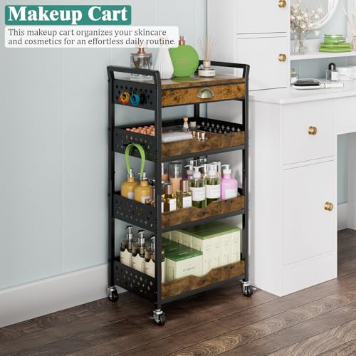 Giwil 4-Tier Rolling Storage Cart with Drawer, Small Coffee Bar with Wooden Top, Art Cart Organizer on Wheels, Metal Utility Cart for Crafts Paints Makeup Snacks Fruits, Black - size: 4 Tier/Drawer