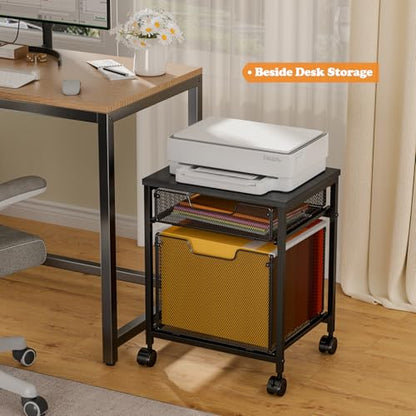 Rolling File Cabinet Cart, Printer Stand with Storage Drawer, Mobile Filing Cabinet on Lockable Wheel, Printer Cart with Hanging File Folder Organizer Beside Under Desk for Office Home(Patent Pending) - color: Black