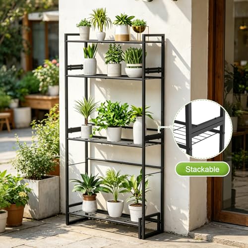 VyGrow Plant Stand, 4 Tier Stackable Tiered Plant Stand, Scalable Heavy Duty Tall Plant Shelf for Indoor Outdoor, Garden, Display Shelves, Flower Pot Holder, Black - color: Black 8.27"W