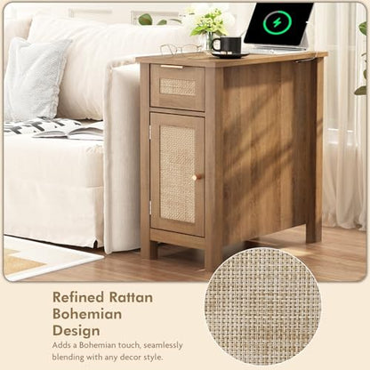 Narrow End Table with Charging Station - Midcentury Rattan Slim Side Table with USB Ports and Power Outlets, Nightstand with Flip Top and Storage Drawer, for Small Spaces Living Room Bedroom