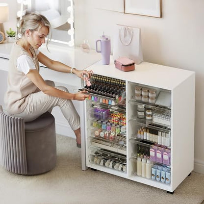 WOPITUES Mobile Storage Cabinet with 15 Clear Drawers, Craft Cabinet with 5 Large Drawers, Cart with Wooden Tabletop, Printer Stand Home Office, Dresser Chest, Modern White - color: White, size: 10M+5L