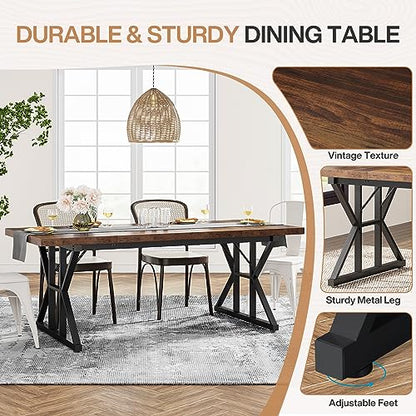 Tribesigns Farmhouse Dining Table for 6 People, 70.8-Inch Rectangular Wood Dining Table, Rustic Kitchen Table with Heavy Duty Metal Legs for Dining Room - color: Brown/Black